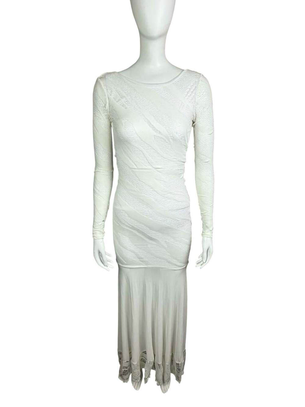 Auditions White Textures Mesh Long Sleeve Maxi Gown with Low Back and Lace Hem D